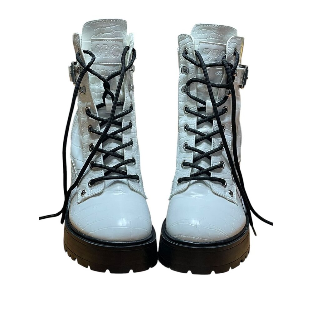 CBG Los Angeles White Croc-Embossed Lace-Up Platform‎ Boots 10M Faux Leather